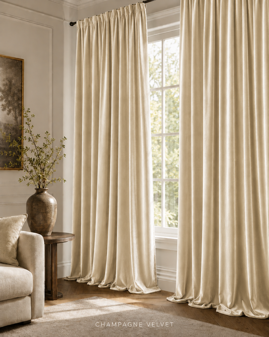 A pair of champagne velvet curtain panels hanging on a black rod over a window in a styled living room with a sofa, side table, and vase.